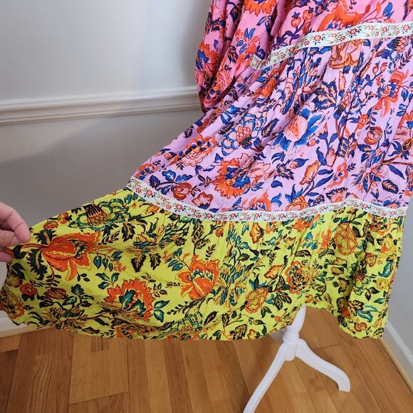 Anthropologie Mabel Mini Dress Sz Small Womens Tiered Floral Boho Peasant Pink - Picture 4 of 11